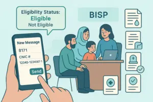 Smartphone showing an SMS being sent to 8171 to check Ehsaas Kafalat Program eligibility, with a notification displaying “Eligible / Not Eligible.”