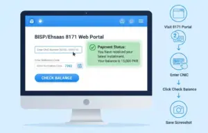 User checking BISP balance online by CNIC on the 8171 portal, with step-by-step instructions on screen.