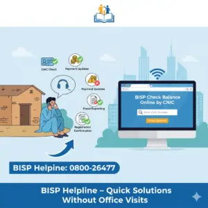 Digital illustration showing the importance of BISP Helpline Numbers with a person calling for CNIC check, payment updates, and fraud reporting.