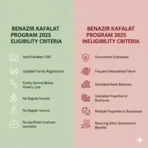 Digital infographic showing eligibility and ineligibility criteria for the Benazir Kafalat Program 2025 with icons representing CNIC, money, and family registration.