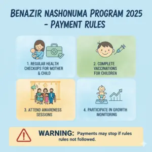 Rules for getting payments in Benazir Nashonuma Program 2025 – health checkups, vaccinations, awareness sessions, and growth monitoring.