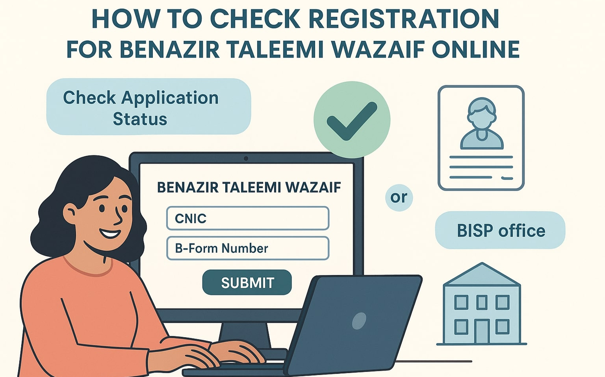 Benazir Taleemi Wazaif registration online using the 8171 portal, entering CNIC and B-Form number with icons for application status, submit button, and BISP office option.