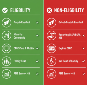 nfographic showing Minority Card eligibility and non-eligibility criteria in Punjab with icons for CNIC, PMT score, family head, and community status.