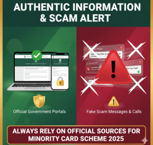 Digital awareness poster showing official portals with a green checkmark and fake scam alerts crossed out, warning for Minority Card Scheme 2025.