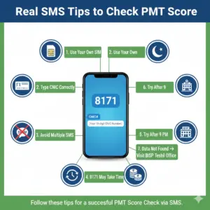 Infographic showing real SMS tips for PMT Score Check via SMS to 8171, including using own SIM, typing CNIC correctly, and avoiding multiple messages.