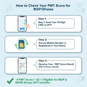 Step-by-step infographic showing PMT Score Check via SMS to 8171 with CNIC, SIM verification, and reply message showing eligibility status.